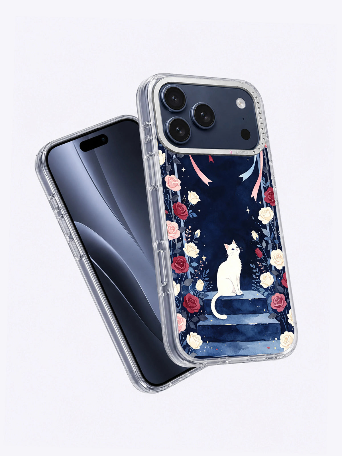 Angled view of The Ribbon Moon Garden iPhone case