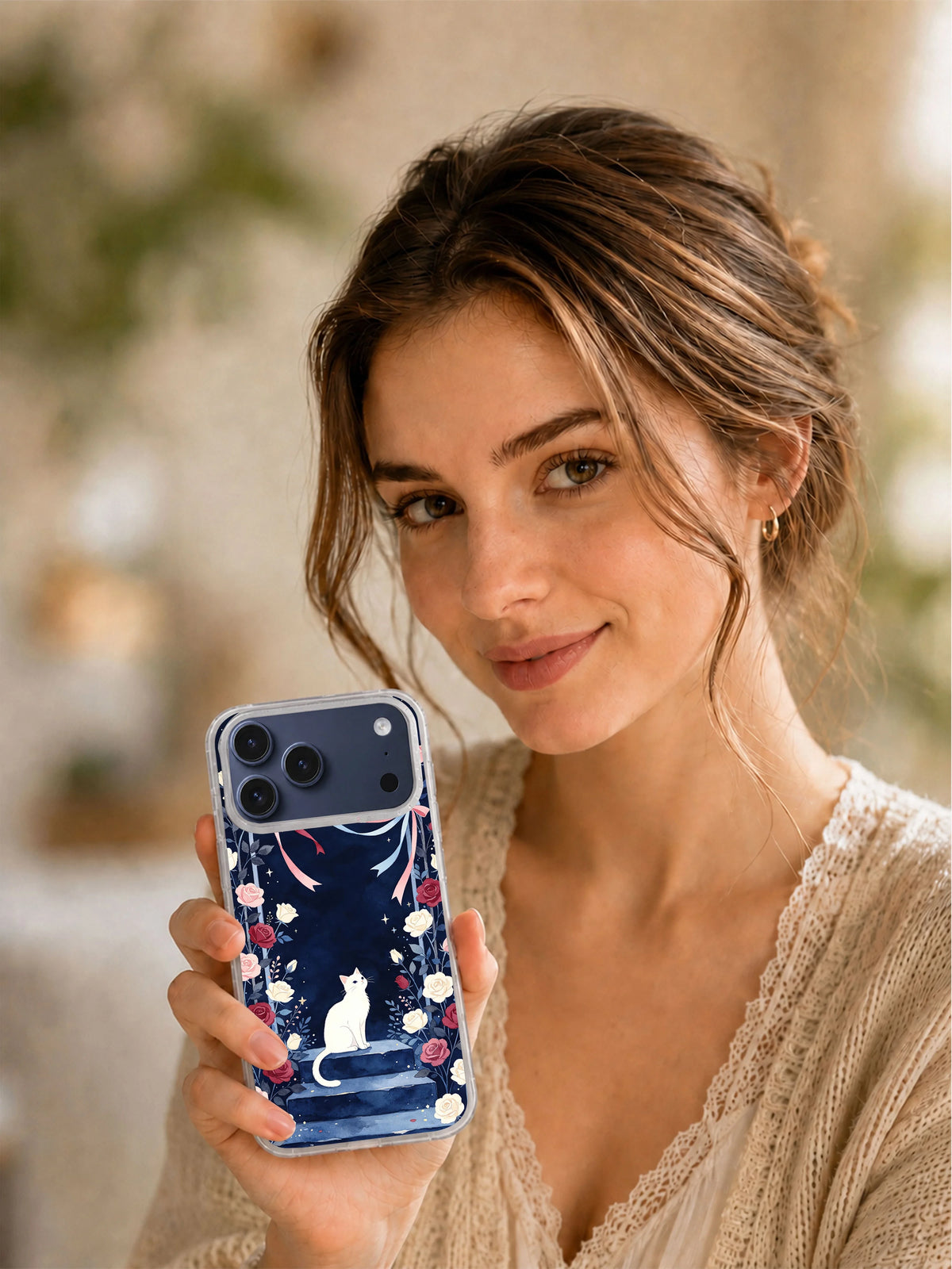 Lifestyle view of The Ribbon Moon Garden iPhone case