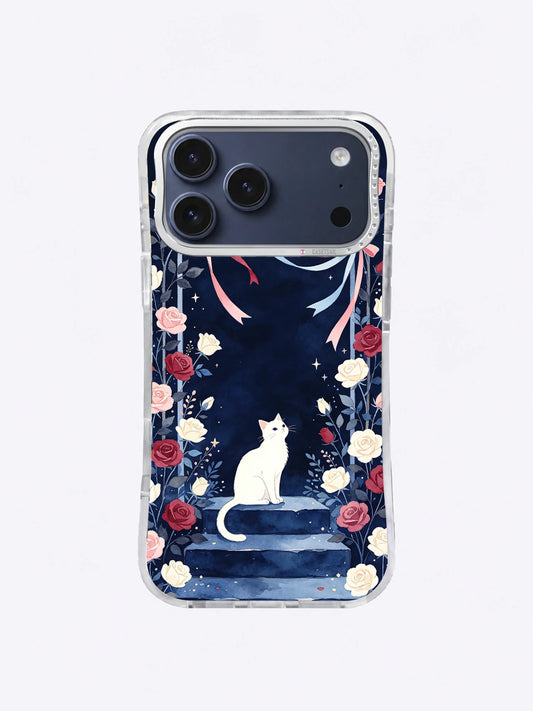The Ribbon Moon Garden iPhone case, Ivory Cat Ribbon Crescent artwork