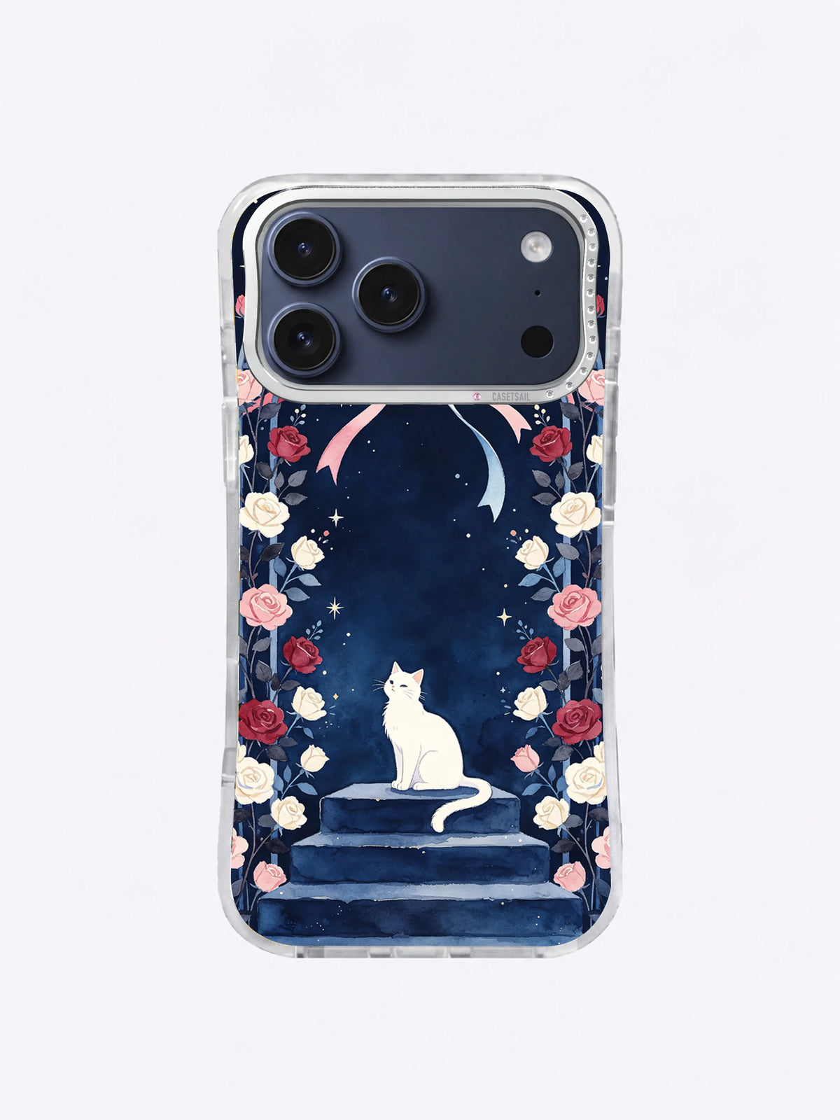 The Ribbon Moon Garden iPhone case, Starlit Cat Steps artwork