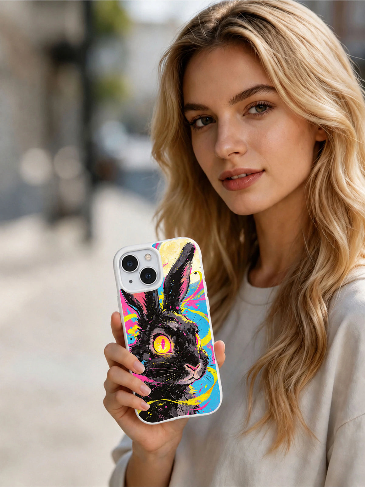 Colorful rabbit art iPhone 15 Plus case lifestyle view