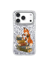 Blue Bookmark Cup artwork for Ribbon Returns iPhone 17 Pro Case with a fox beside a diagonal stack of old books