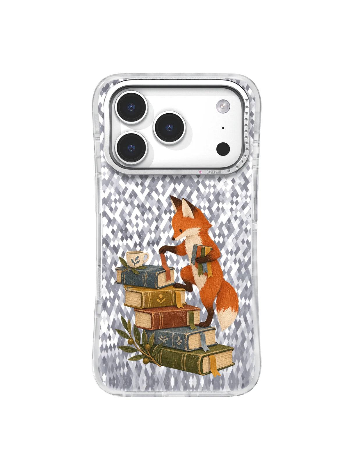 Blue Bookmark Cup artwork for Ribbon Returns iPhone 17 Pro Case with a fox beside a diagonal stack of old books