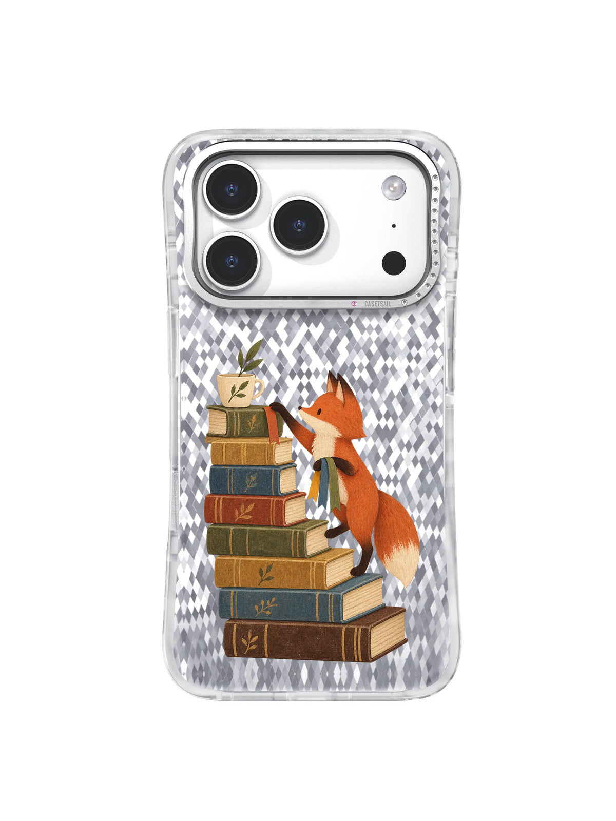 Book Staircase Fox artwork for Ribbon Returns iPhone 17 Pro Case with a rust-orange fox returning ribbon bookmarks