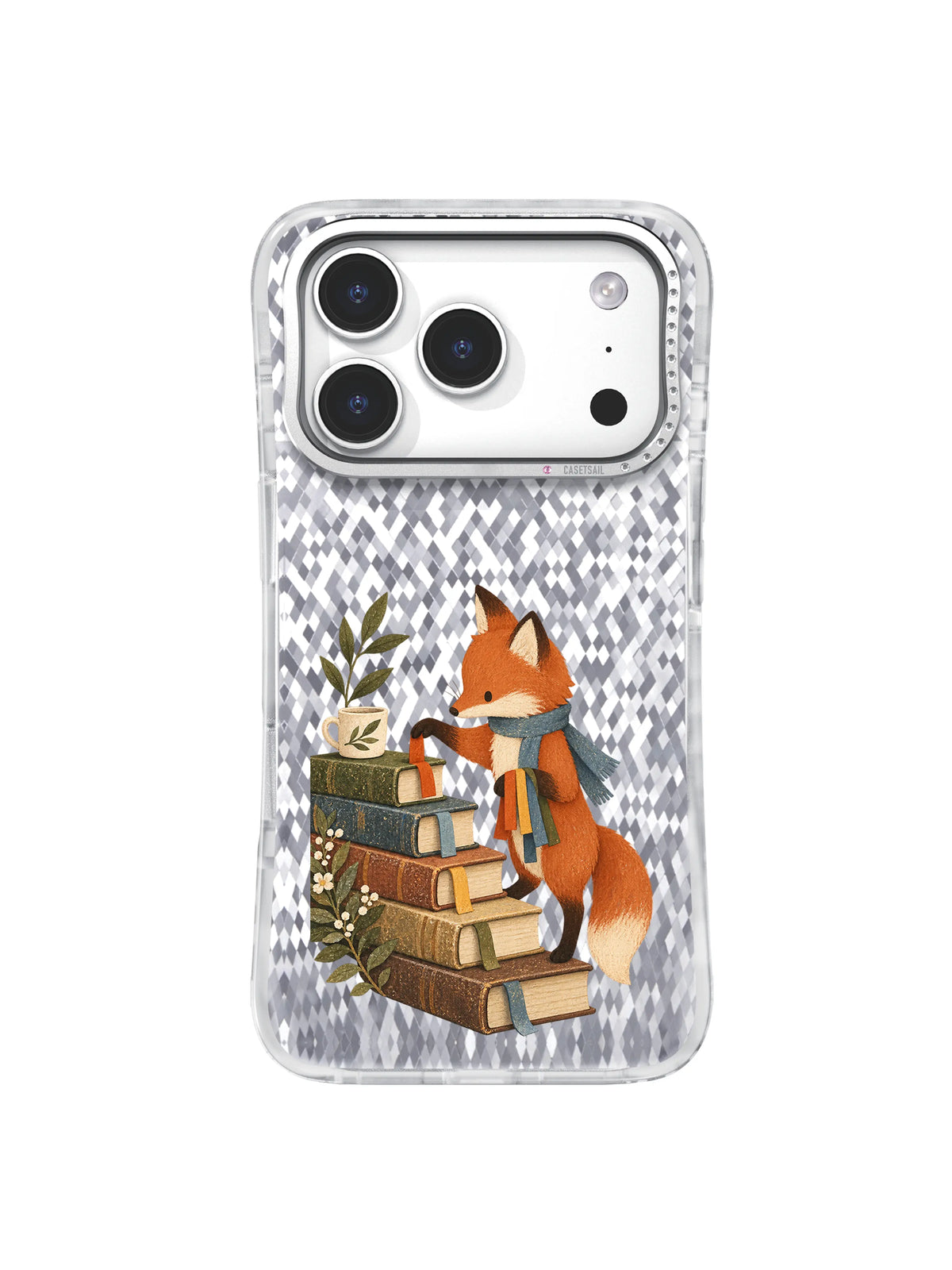Olive Leaf Books artwork for Ribbon Returns iPhone 17 Pro Case with a fox, stacked books, cup, and foliage