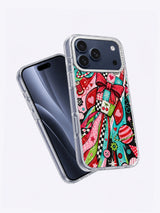 Angled front and back product view of Ribbon Rocket Workshop artwork on an iPhone 17 Pro Max case