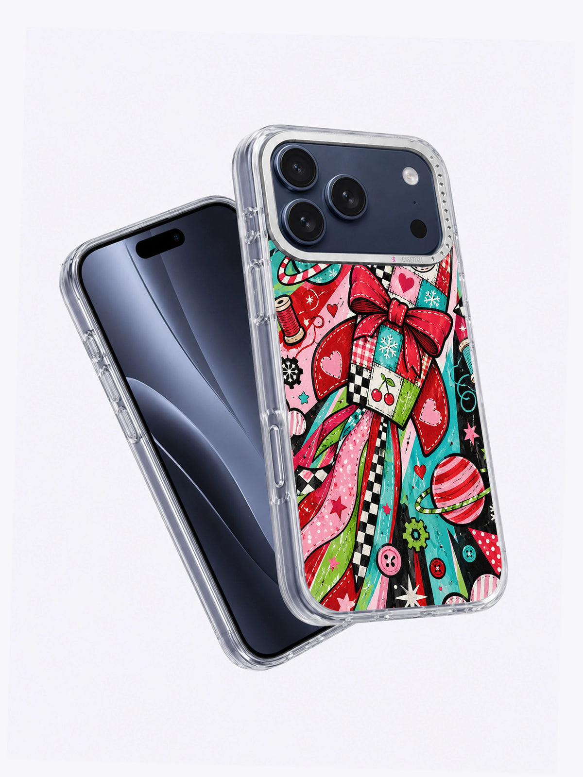 Angled front and back product view of Ribbon Rocket Workshop artwork on an iPhone 17 Pro Max case