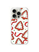 Ribbon Tree Delight / Candy Ribbon Pines: Red-bordered cream trees, green dots and broad red curves.