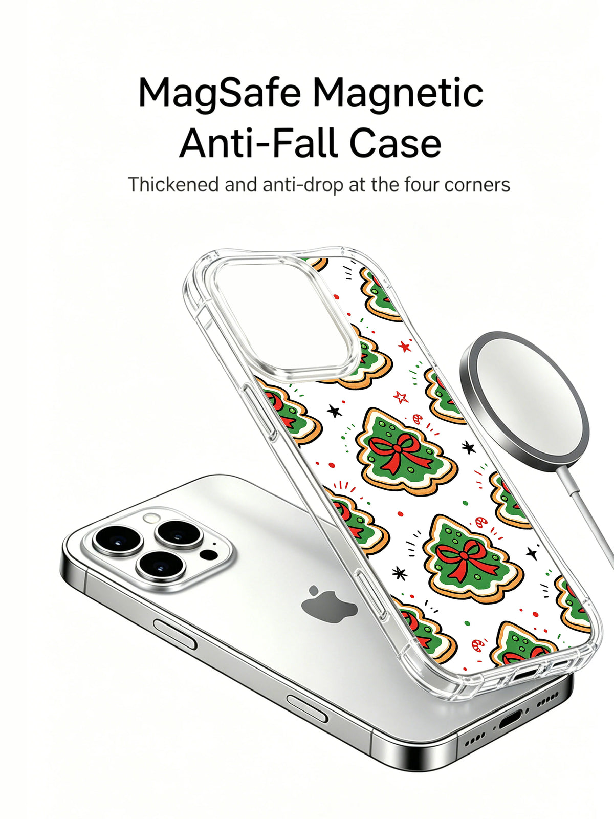 Ribbon Tree Delight: A phone, separate illustrated case and round accessory in a product render.