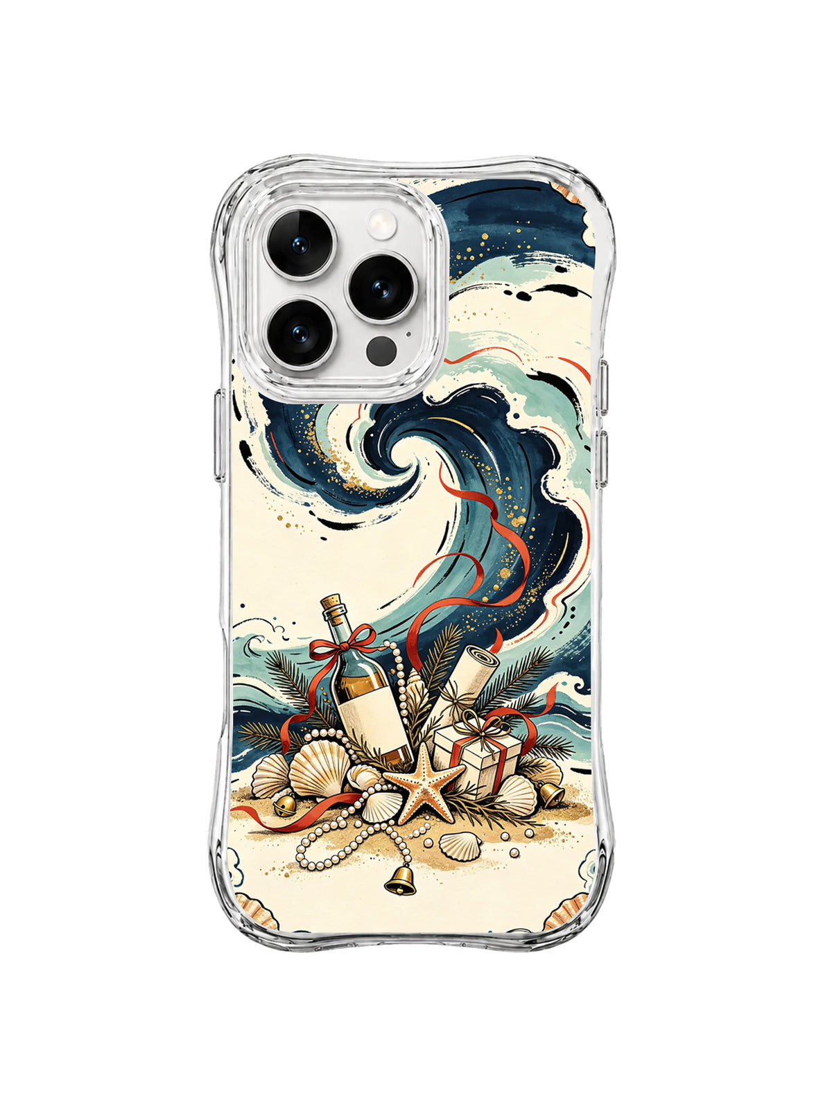 Ribboned Bottle Tide pattern on a clear-edged iPhone 14 Pro case with navy and seafoam waves, a blank bottle, coral ribbon, shells, starfish and pearl strands