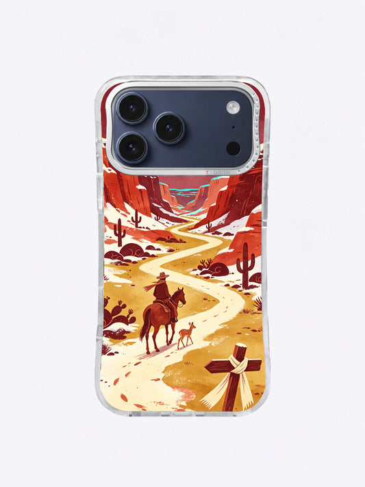 Blue-star rider and fawn crossing a snow-dusted red canyon on an iPhone 17 Pro Max case