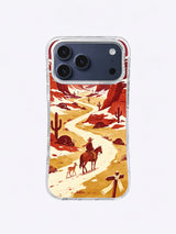 Cream trail-marker scarf guiding a rider and fawn beneath a blue star on an iPhone 17 Pro Max case