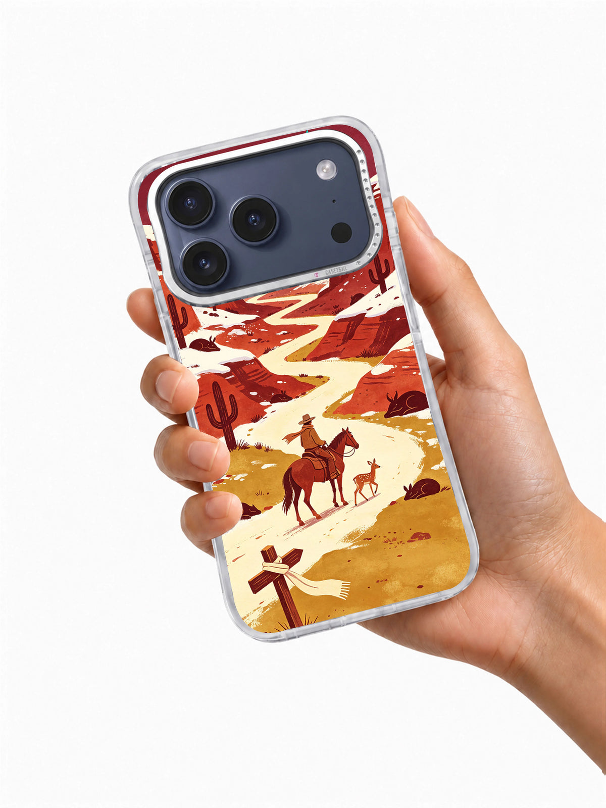 Hand holding the Rider of the Falling Blue Star artwork phone case