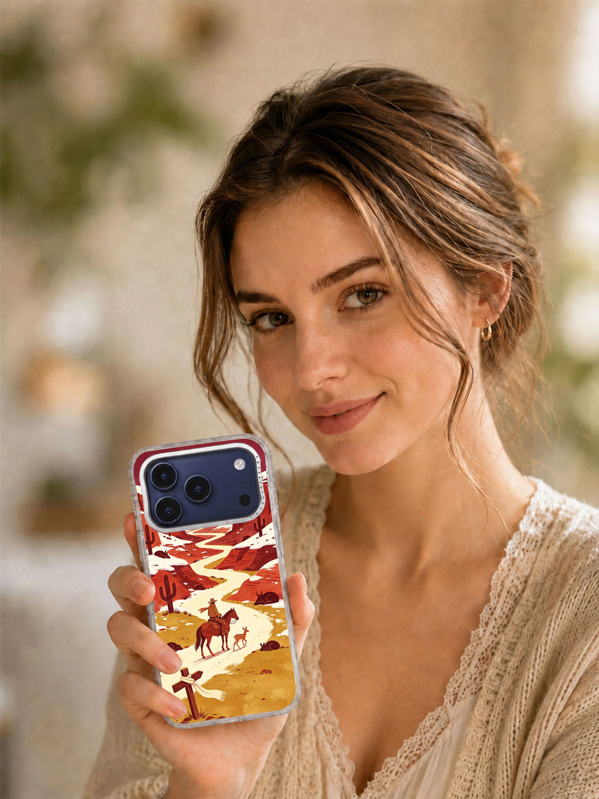 Lifestyle view of a person holding the Rider of the Falling Blue Star artwork phone case