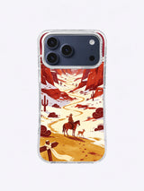 Western rider and small fawn following a pale trail through red mesas on an iPhone 17 Pro Max case