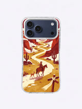 Turquoise star above a winding winter canyon path with rider and fawn on an iPhone 17 Pro Max case