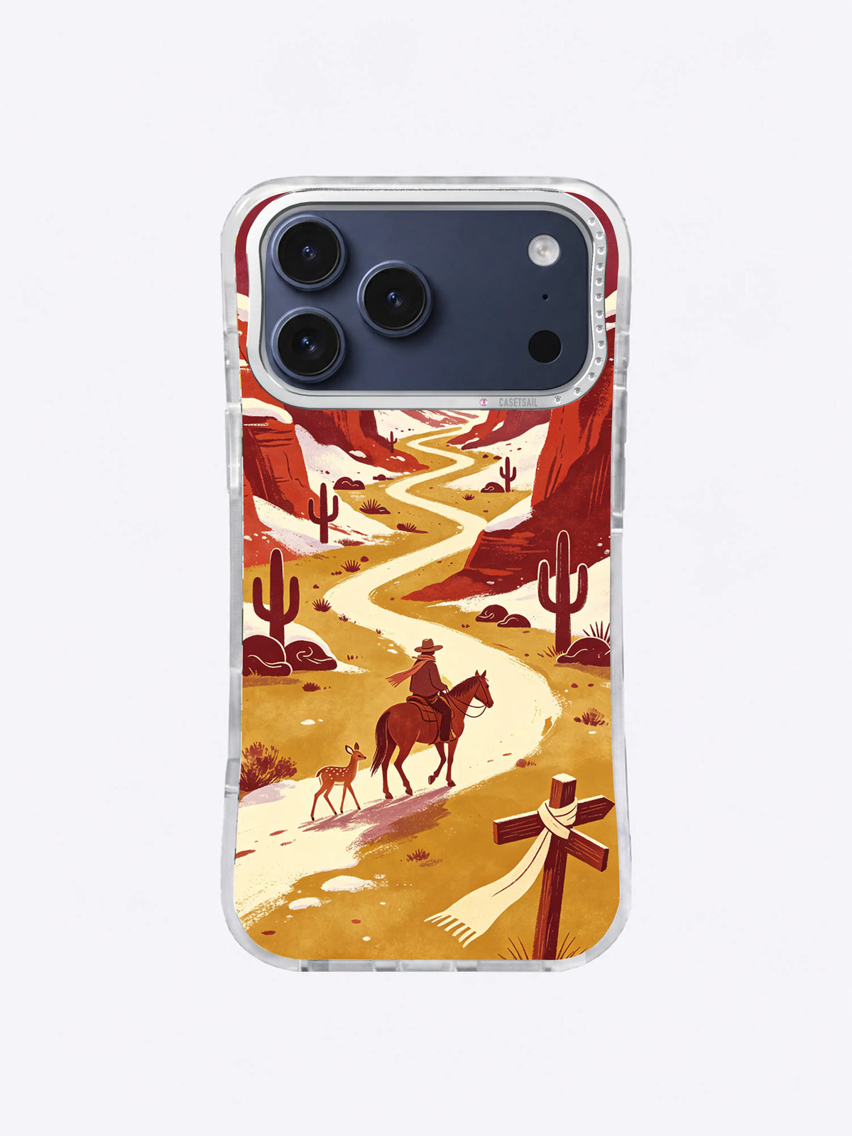 Turquoise star above a winding winter canyon path with rider and fawn on an iPhone 17 Pro Max case