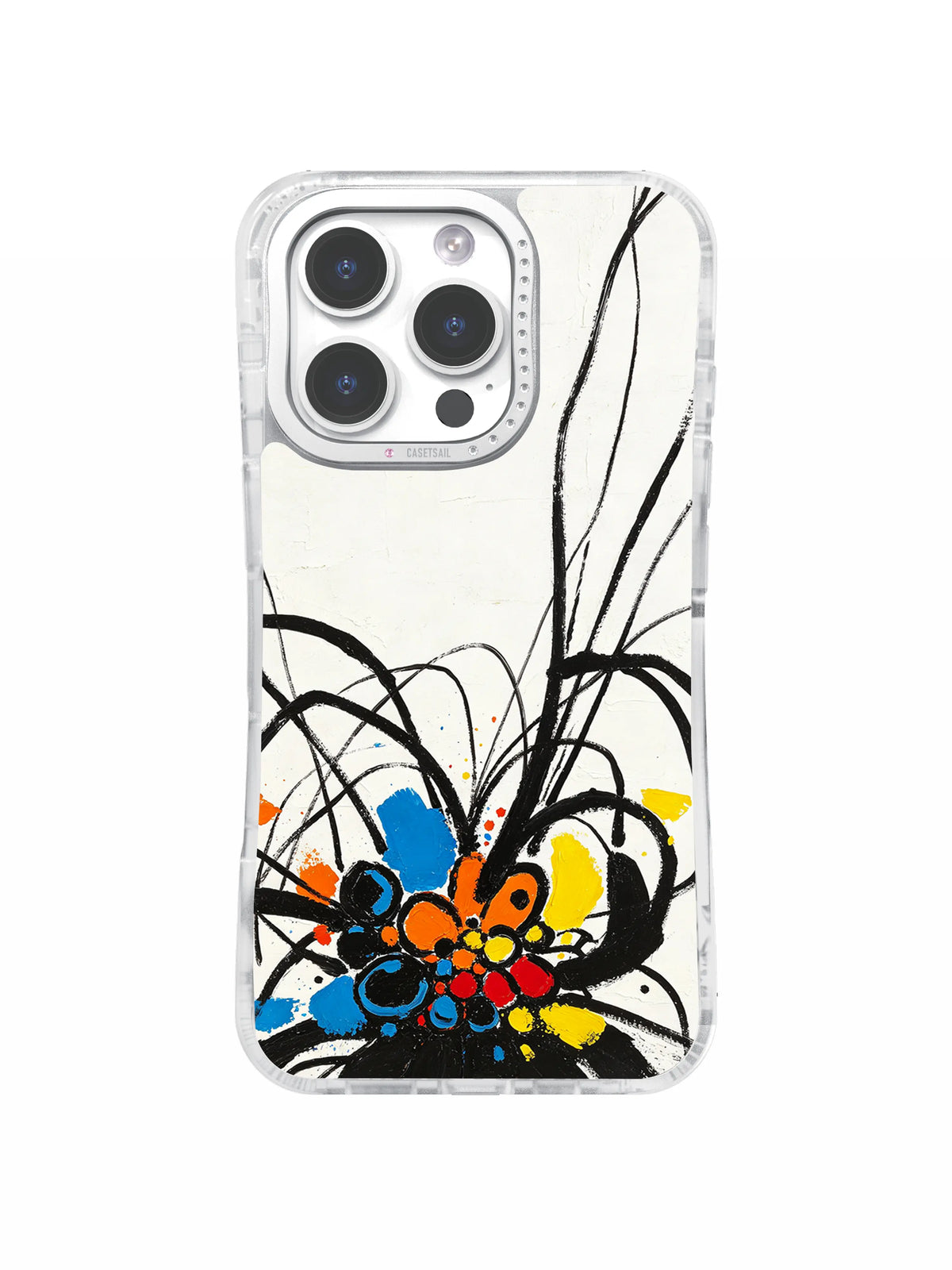 Rising primary color line art iPhone 16 Pro Max case with crystal camera frame