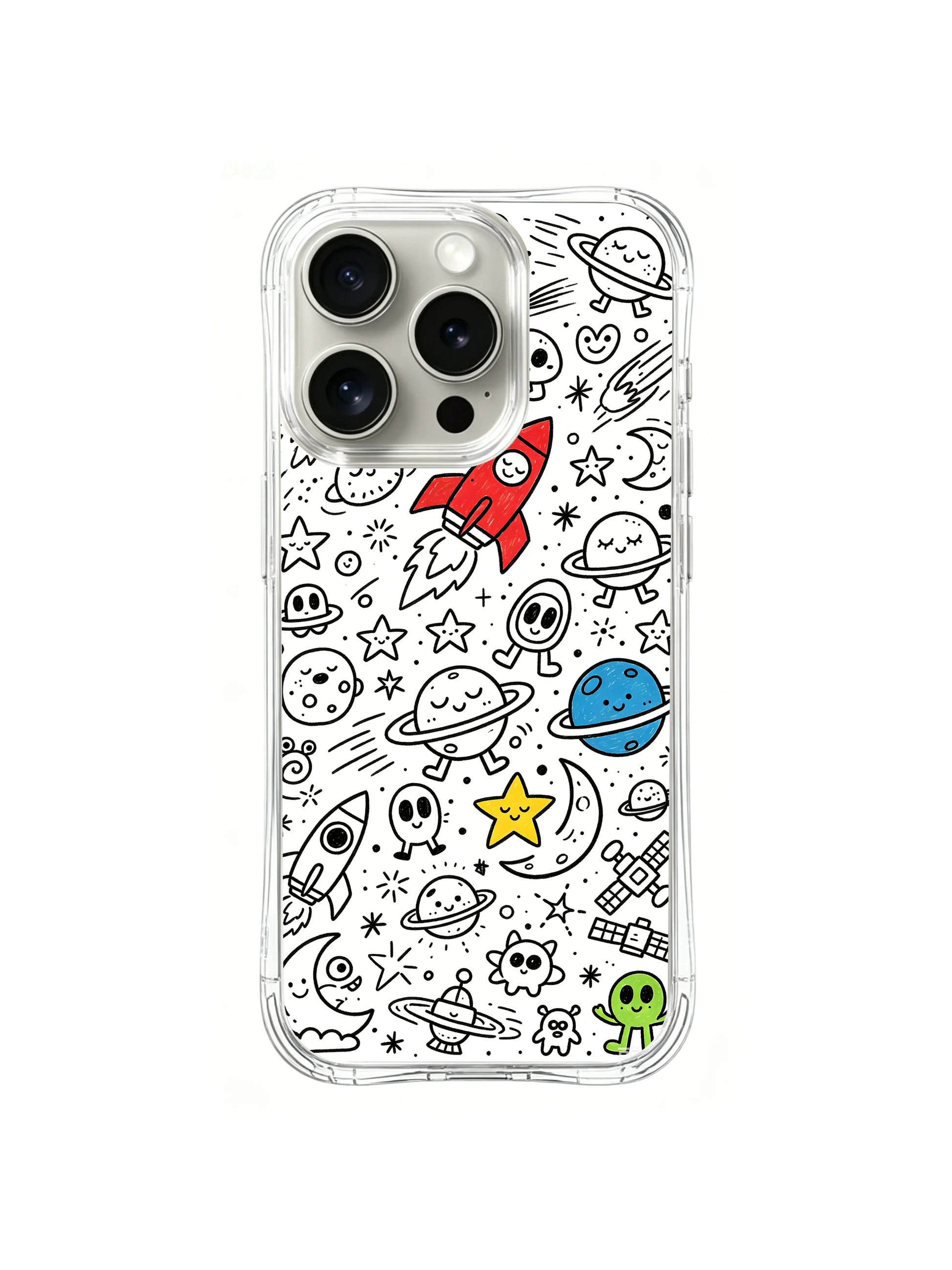 Whimsical rocket & alien creature crowd print iPhone 15 pro Case, limited licensed art phone casing crafted inside PhoneCasing’s California domestic factory, lightweight wearable art phone cover.