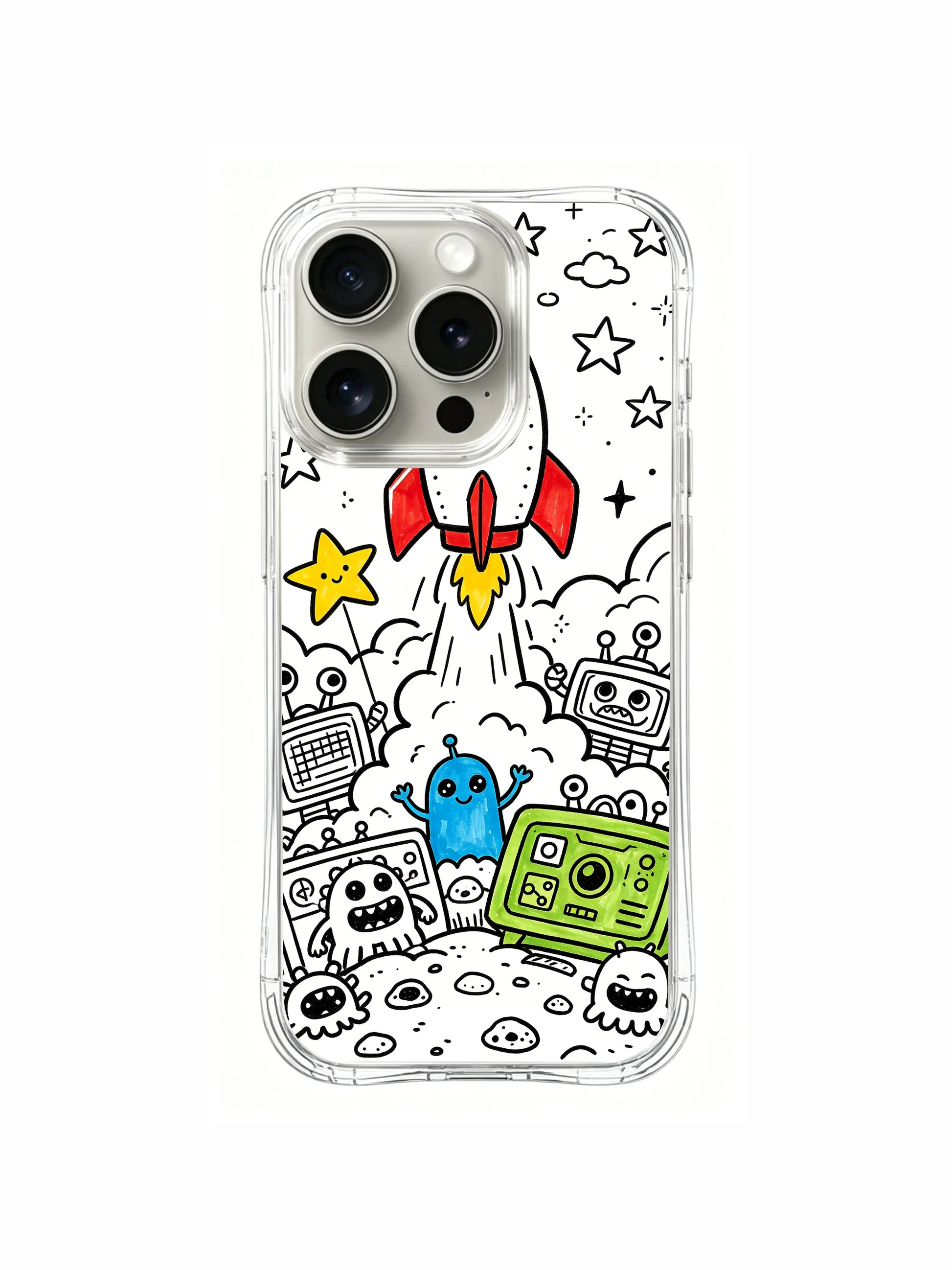 Rocket, moon and alien launch doodle iPhone 15 pro Case, copyright protected art phone casing, eye-catching colorful phone cover crafted by PhoneCasing.