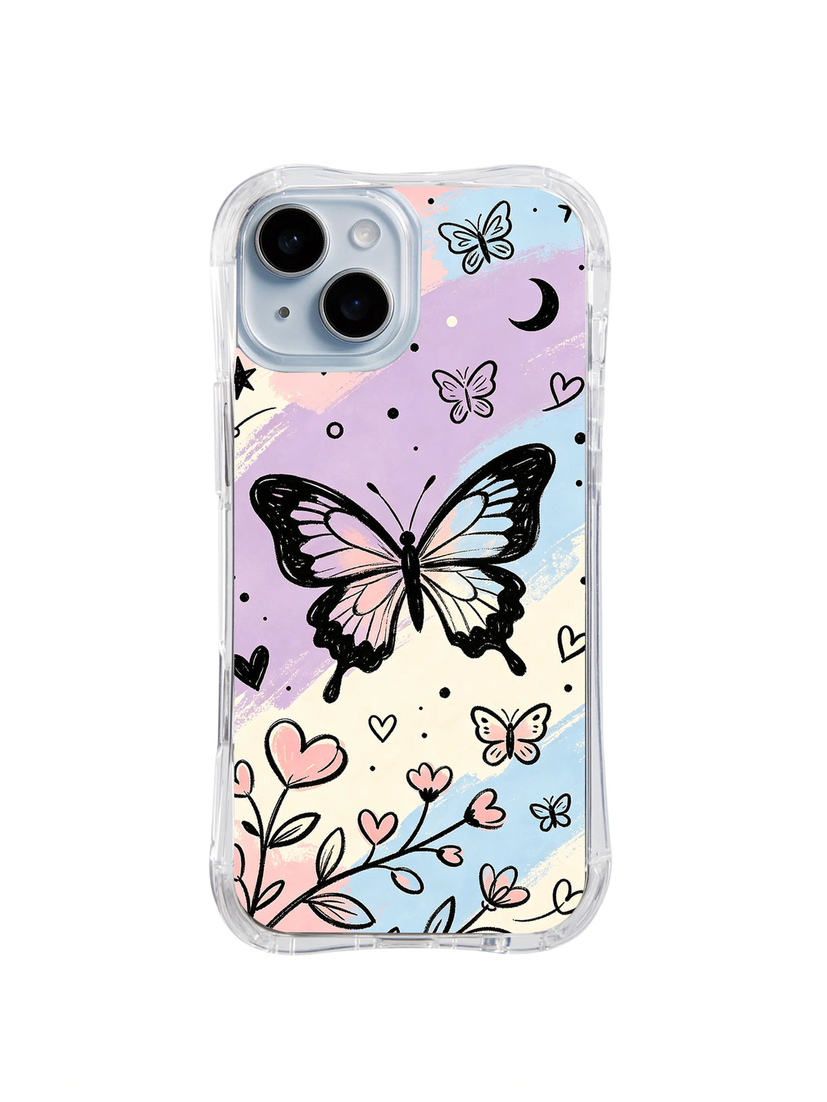 Butterfly Blossom Garden: A large pastel butterfly floats above curling flower stems with smaller butterflies and hearts.