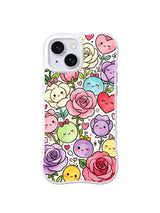 Pastel Rose Heart Garden: Smiling roses and heart shapes in pink, lavender, red, yellow and mint grow on white.