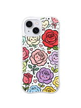Spring Bloom Sincerity: Pastel smiling roses, hearts and leaves in red, pink, purple, blue and yellow scatter on white.