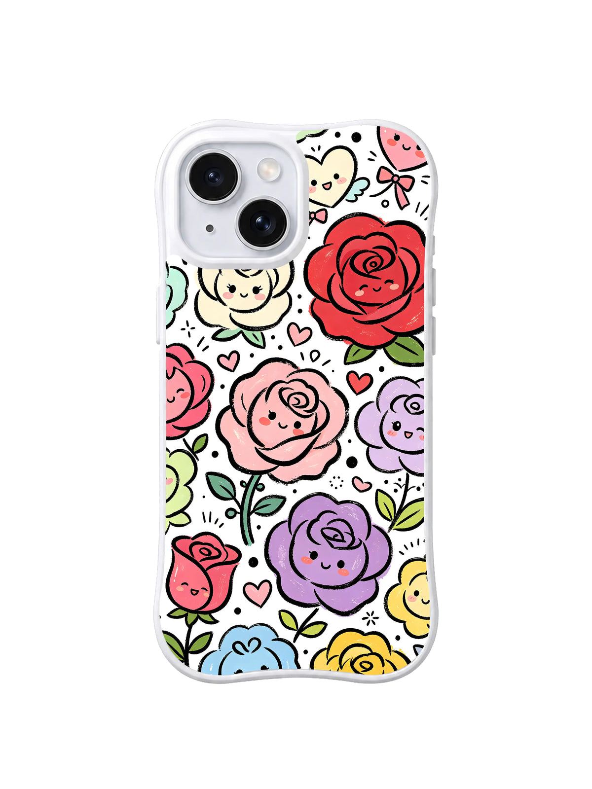 Spring Bloom Sincerity: Pastel smiling roses, hearts and leaves in red, pink, purple, blue and yellow scatter on white.