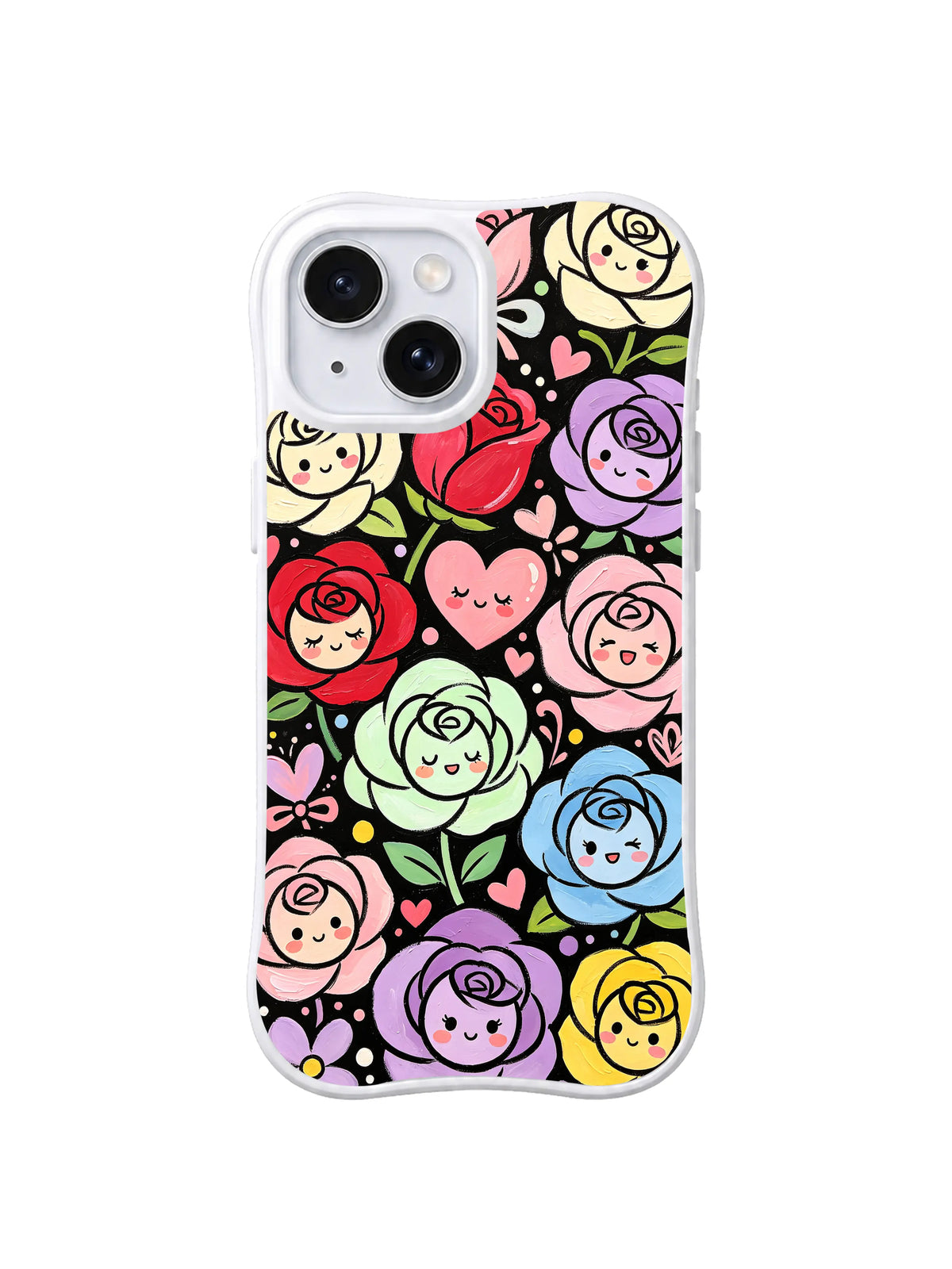 Black Garden Heart Chorus: Bright smiling roses and hearts in red, pink, purple, blue and yellow fill a black garden.