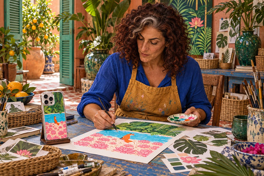 AI visualization of Rose Capri creating phone-case illustrations, with a finished iPhone 15 Pro Max case displayed on a studio stand