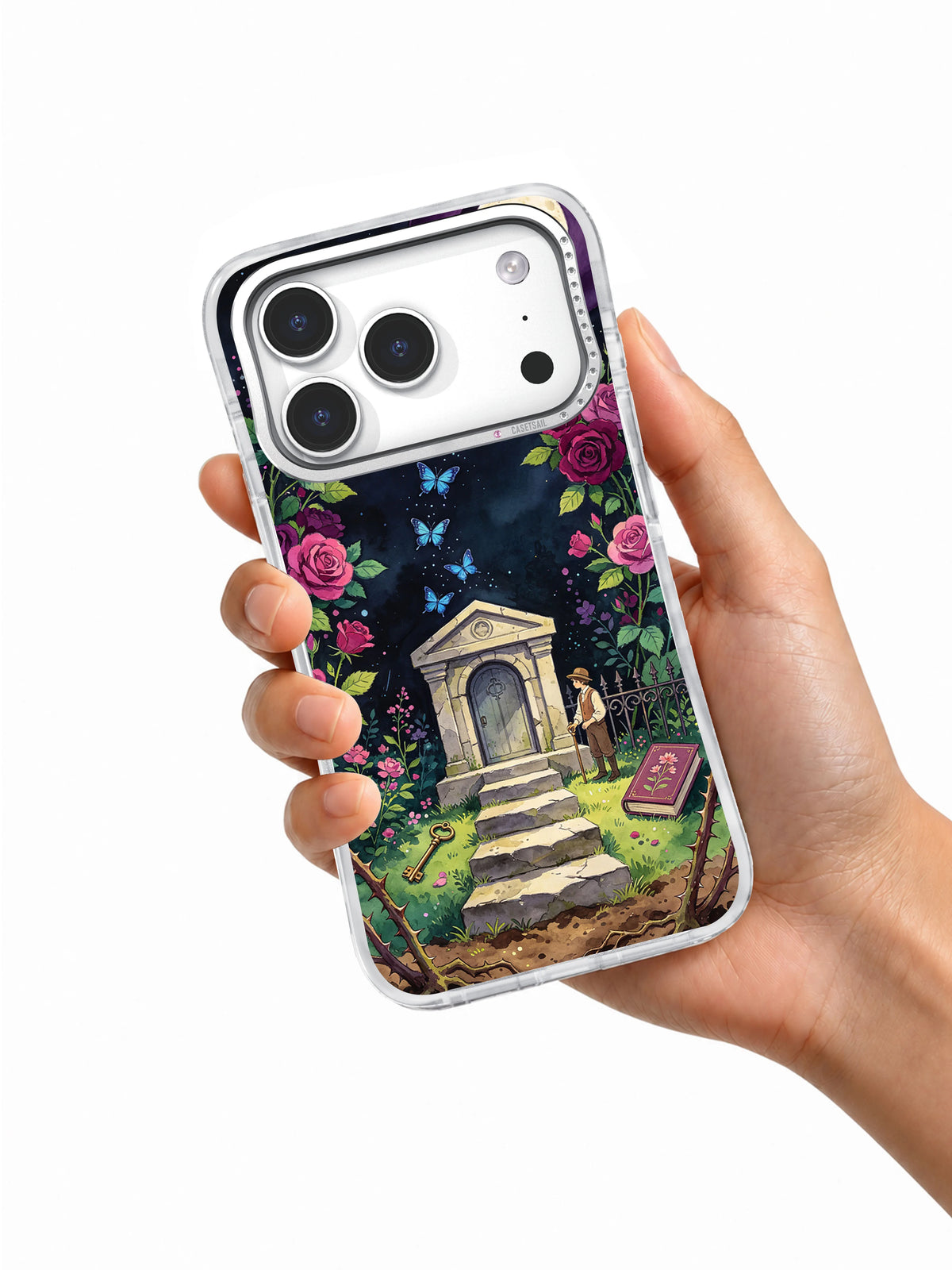 Rose Crypt and Blue Moth floral gothic iPhone case held in hand