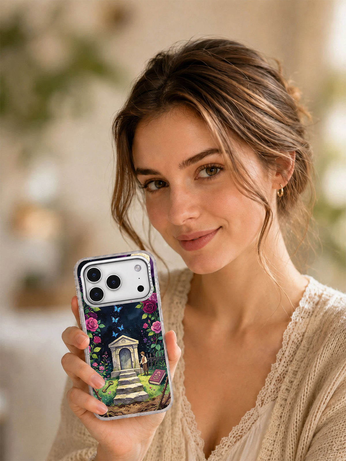 Lifestyle view of Rose Crypt and Blue Moth illustrated iPhone case