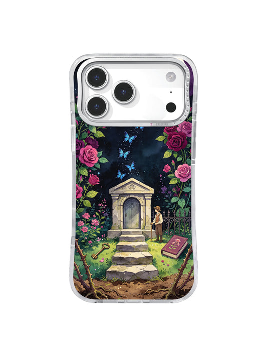 Rose Crypt Eclipse floral gothic iPhone case with blue moths and moon