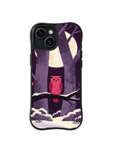 Crescent Perch Watcher pattern on a black iPhone 13 case with a rose owl, cream moon, plum trunks and snowy shrubs