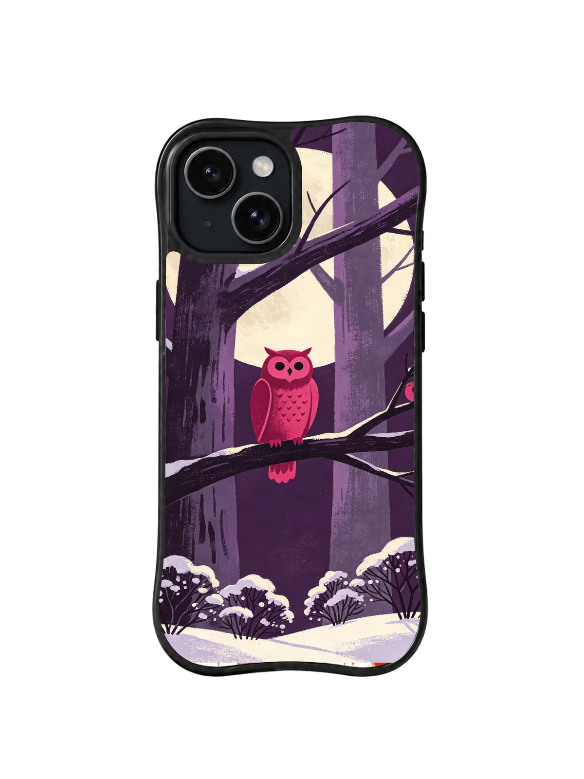 Crossbranch Rose Sentinel pattern on a black iPhone 13 case with a rose-red owl, diagonal branches, cream moon and winter shrubs