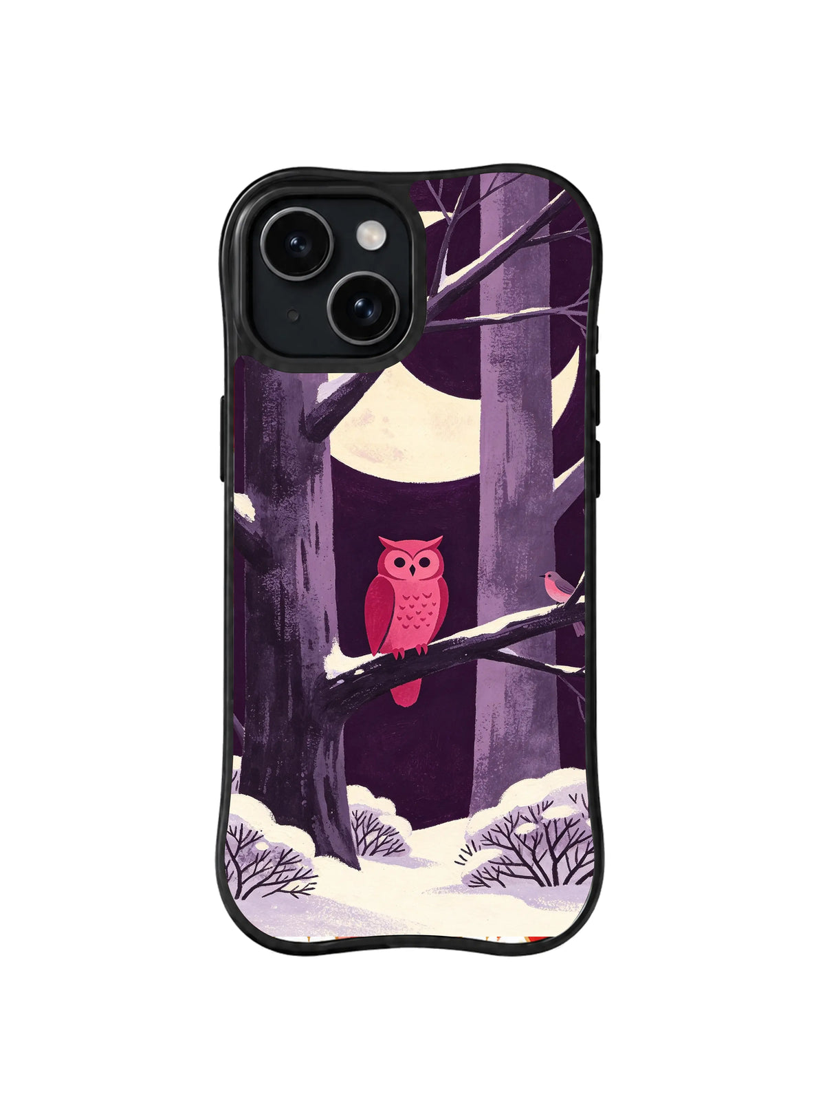 Hidden Bird Grove pattern on a black iPhone 13 case with a rose owl on a branch, plum woodland, pale moon and snowy plants