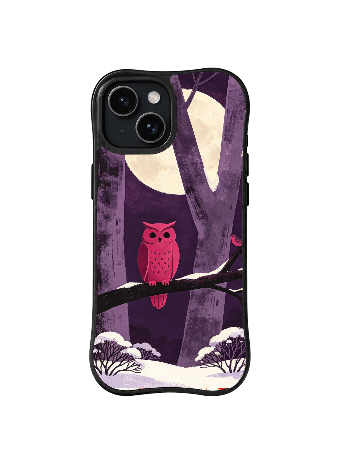 Moonlit Trunk Observer pattern on a black iPhone 13 case with a pink owl, large cream crescent, charcoal-purple trees and snow