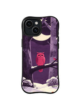 Plum Moon Owl pattern on a black iPhone 13 case with a pink owl perched below a crescent moon in a deep purple forest