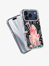 Angled view of Rose Quartz Forest iPhone case with pink crystal and botanical night artwork