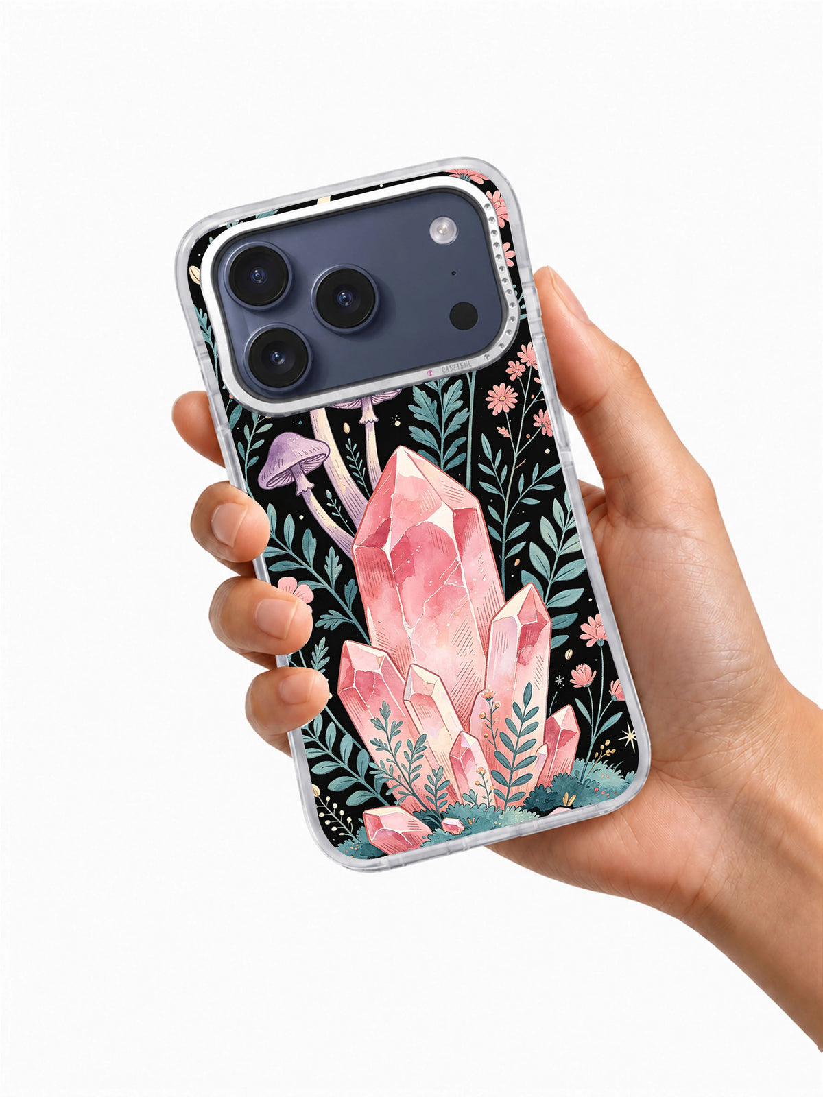 Rose Quartz Forest iPhone case held in hand showing pink mineral and teal woodland artwork