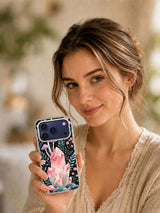 Lifestyle view of Rose Quartz Forest iPhone case with pink crystal, mushrooms, and dark botanical art
