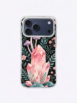 Rose Quartz Forest iPhone case, Crystal Fern Clearing pattern with pink mineral, teal ferns, and lavender mushrooms