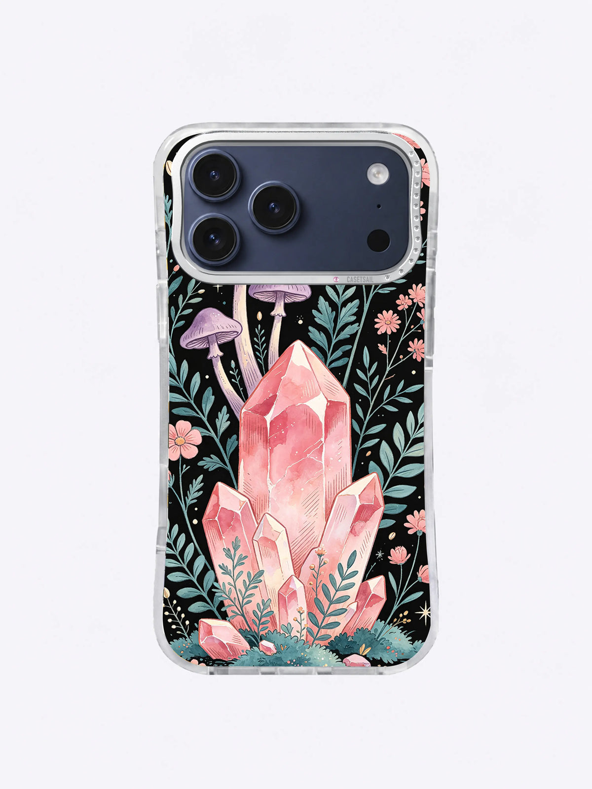 Rose Quartz Forest iPhone case, Crystal Fern Clearing pattern with pink mineral, teal ferns, and lavender mushrooms