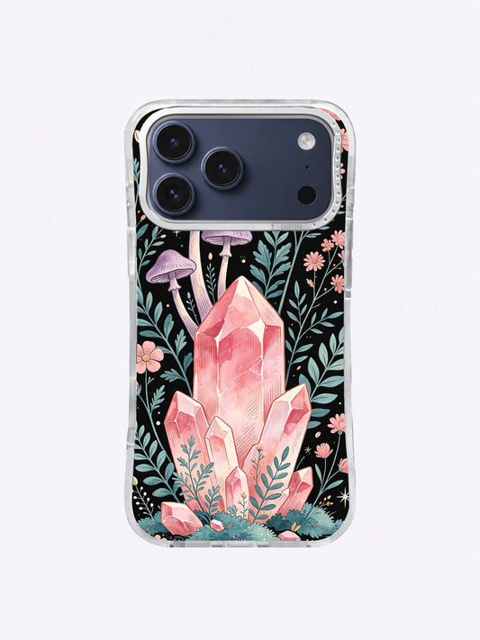 Rose Quartz Forest iPhone case, Crystal Fern Clearing pattern with pink mineral, teal ferns, and lavender mushrooms