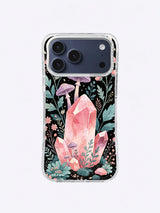 Rose Quartz Forest iPhone case, Lavender Mushroom Quartz pattern with tall pink crystal and woodland plants