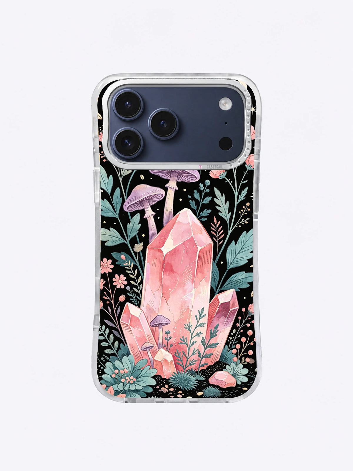 Rose Quartz Forest iPhone case, Lavender Mushroom Quartz pattern with tall pink crystal and woodland plants