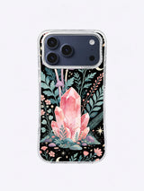 Rose Quartz Forest iPhone case, Moonlit Mineral Garden pattern with layered pink crystals and crescent moon