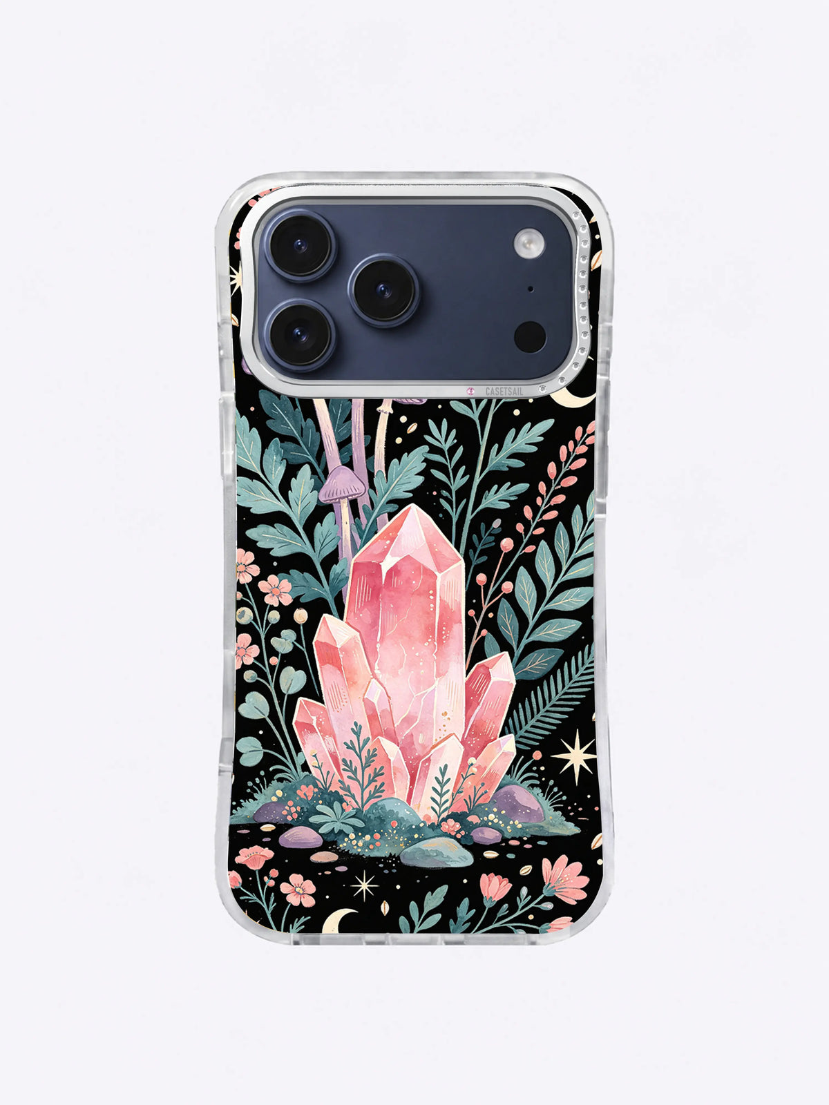 Rose Quartz Forest iPhone case, Moonlit Mineral Garden pattern with layered pink crystals and crescent moon