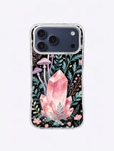 Rose Quartz Forest iPhone case, Wildflower Crystal Grove pattern with rose mineral, teal leaves, and coral flowers