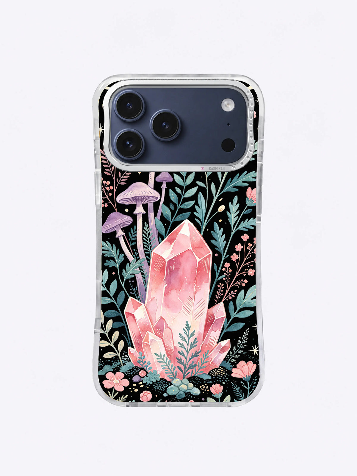 Rose Quartz Forest iPhone case, Wildflower Crystal Grove pattern with rose mineral, teal leaves, and coral flowers